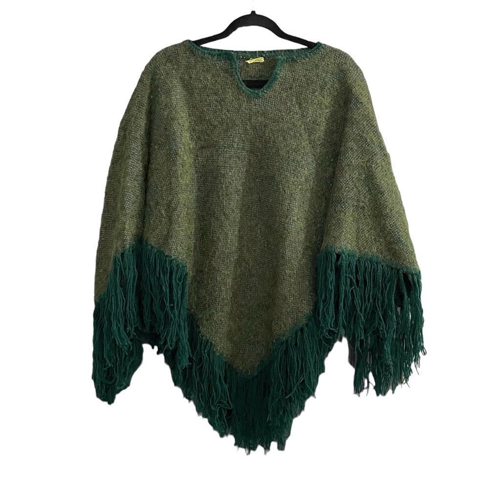 Vintage Handmade Wool Knit Boho Poncho Green with Fringe
